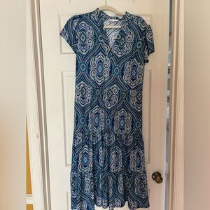 Jude Connelly Blue Paisley Print Women's Tiered Midi Dress.